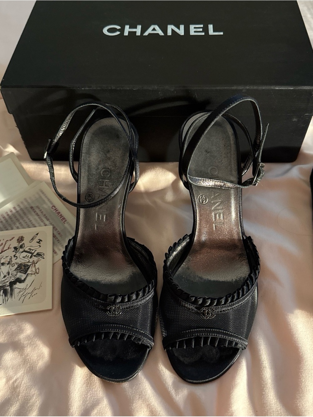 CHANEL Black Open-Toe Ankle-Strap Heels with Braided Trim